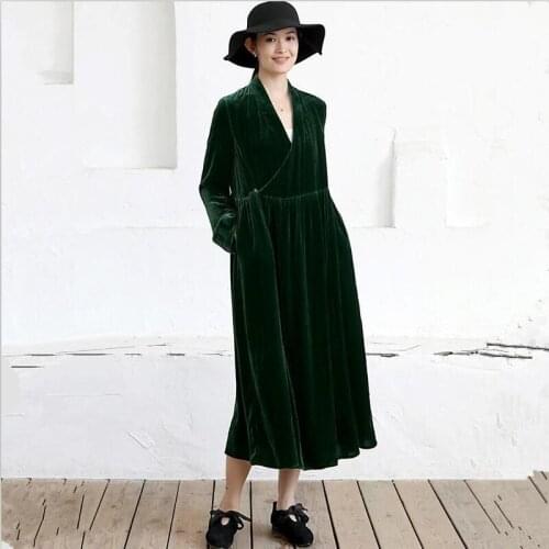 Autumn Women Vintage Velvet Long Dress V-neck Slim Loose Maxi Dress Full Sleeves Elegant Party Vestidos Plus Size Dress L-7XL