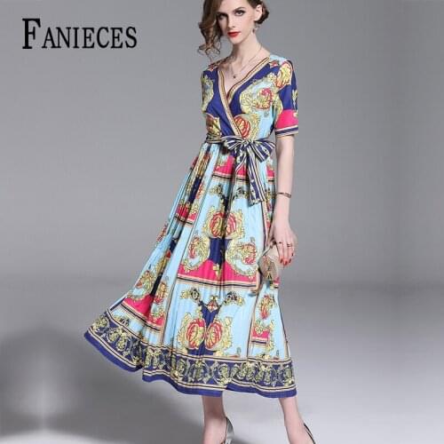Spring Summer Fall Runway dresses Vintage Print V Neck Empire Waist Women Ladies Party Casual A-Line Maxi Dress vestido de mujer