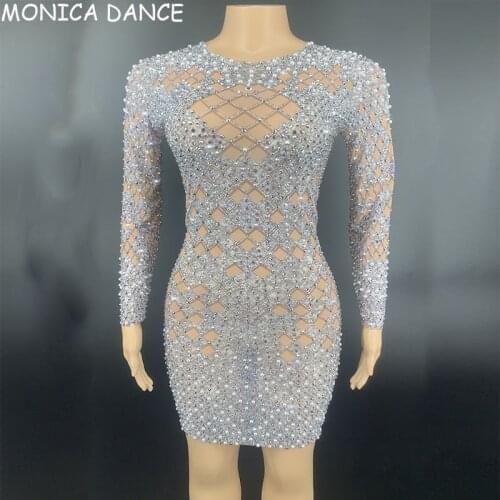 Women Nightclub Sexy Stage Flashing Silver Rhinestones Pearl Transparent Short Dress Birthday Celebrate Outfit Prom Singer Dress