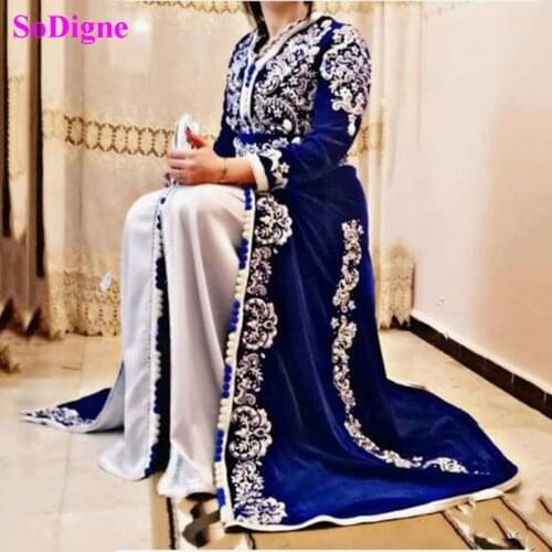 SoDigne Royal Blue Velvet Evening Dress Morocco Kaftan Lace Appliques Long Sleeves Abaya Robes Prom Party Gown