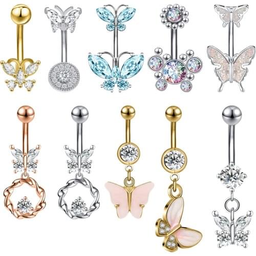ZS 16G Butterfly Navel Belly Piercing Stainless Steel Belly Button Ring Women Colorful Crystal Butterfly Sexy Body Piercing Gift