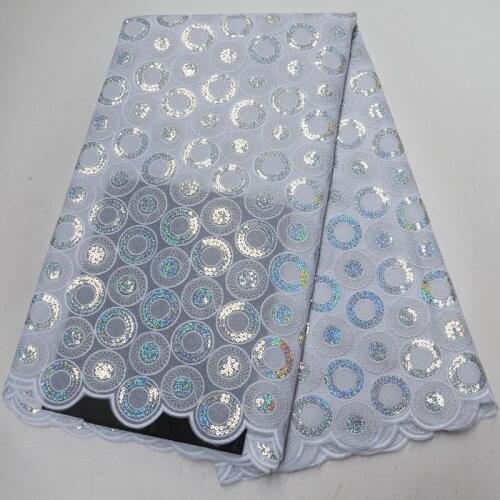 5yards/pc) High quality white African organza lace fabric with sequins circles embroidery for party dress POL114