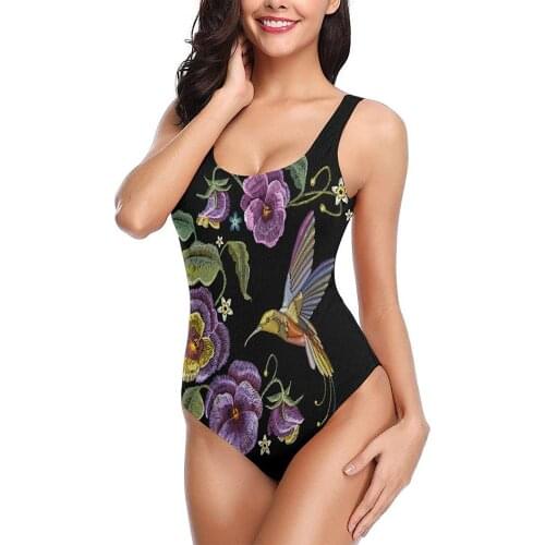 One-Piece Bathing Suits Sexy Swimsuits Slimming For Women Teen Girls Flower Leaf Hummingbirds Embroidery Cool