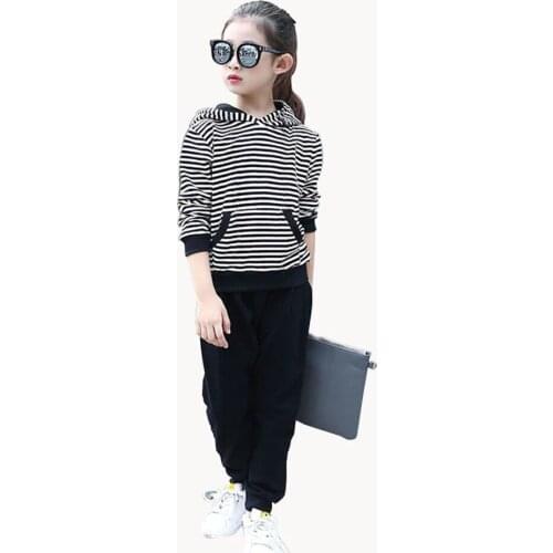 Kids Tracksuit For Girls Clothing Sets Long-Sleeved Hooded Striped Girls Clothes Outfit Suit Children Clothing 6 8 10 12 14