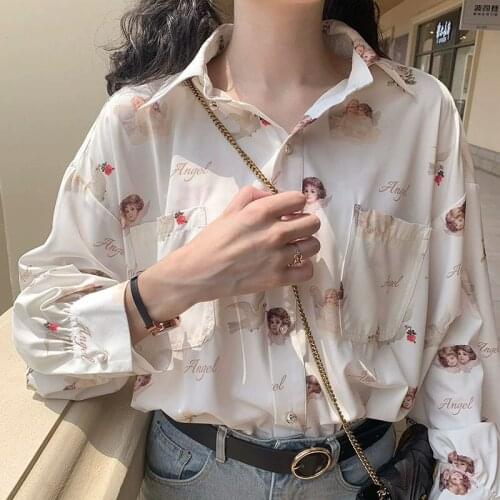 HOUZHOU Harajuku Blouse Women 2020 Angel Print Shirt Women Vintage Shirts Women Summer Lantern Sleeve Female Korean Style Shirt