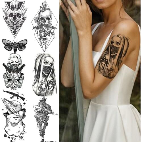 Death Sukll Moth Fake Temporary Tattoos For Women Gangster Masked Girls Black Tattoo Geometric Body Hand Arm Warrior AK47 Tatoo