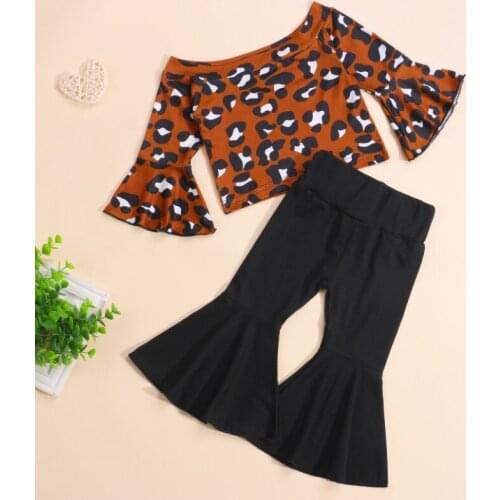 2Pcs Little Girls Outfit, Sweet Style Leopard Print Flare Long Sleeve Tops + Solid Color Bell-bottomed Pants Set Spring Autumn