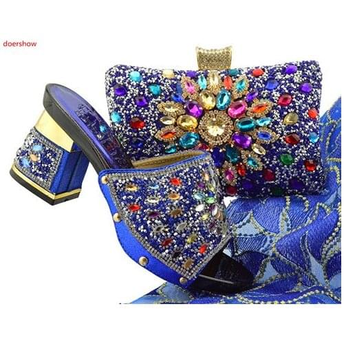 Doershow Shoes and Bags African Matching Shoe and Bag Set Decorated with Rhinestone African Shoe and Bag Set for Wedding SFG1-6