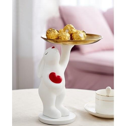Creative Rabbit Figurines Resin Animal Statue Metal Storage Tray Sculpture Modern Art Home Decoration Living Room Desktop Decor