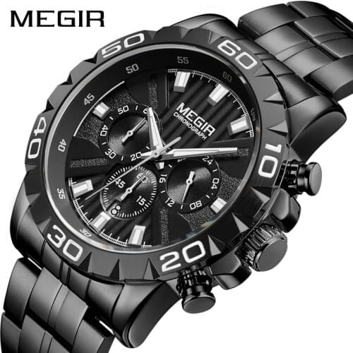 MEGIR Mens Watches Top Brand Luxury Black Stainless Steel Business Quartz Watch Men Clock Relogio Masculino Erkek Kol Saati