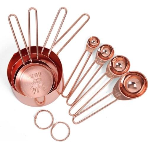 Rose gold Stainless Steel Measuring Cups and Spoons set of 8 Engraved Measurements,Pouring Spouts & Mirror Polished for Baking