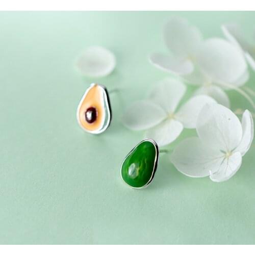 MloveAcc 925 Sterling Silver Fine Jewelry Creative Avocado Asymmetric Stud Earrings for Women Girl Wedding Party Gift