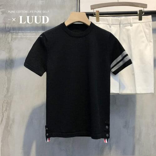 2021 new personalized decoration with round neck T-shirt mens slim trend retro color matching short sleeve sweater top