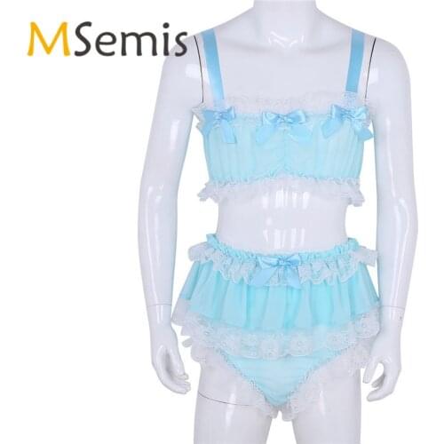 2Pcs Mens Sissy Lingerie Set Ruffled Lace Sheer Sissy Panties Gay Underwear Sleeveless Crop Top with Skirted Petticoated Panties