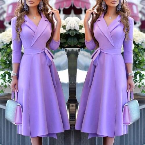 2021 Autumn Winter Turn Down Collar V Neck Solid Long Sleeve Tied Midi Flared Dress Fashion Elegant Workwear Overall Party Dress