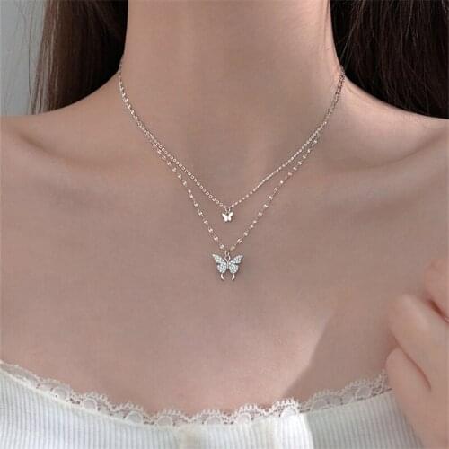 Charms Zircon Butterfly Necklaces For Women Jewelry Fashion Double Layer Chain Silver Plated Necklace Girls Choker Accessories