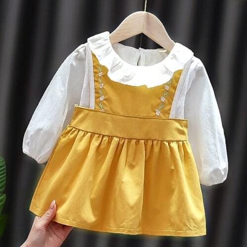 Baby Girl Dress Sweet Newborn Solid Color Long-sleeve Top + Embroidered Sling Dress 2-Piece Set Of New Fashion Baby Clothes