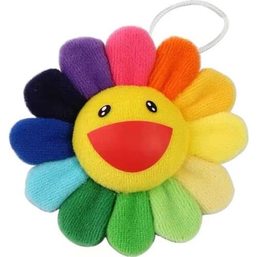 Cute Girls Plush Fur Rainbow Sunflowers Doll Brooch Pin Women Fluffy Flower Keychain Bag Car Trinket Female Jewelry Party Gift