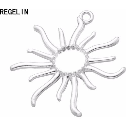 REGELIN Silver Plated Sun Pendant Settings Bezel Trays 10pcs/lot Fit 12mm Fit 12mm Glass Cabochon DIY Necklace Making