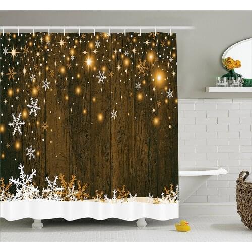 Christmas Shower Curtain Snowflake by , Rustic Christmas Decorations Brown Wooden Fabric Bathroom Set Backdrop