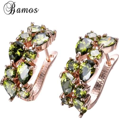 Bamos Elegant Rose Gold Filled Olive Green Female Stud Earrings High Quality Geometric Cubic Zirconia Wedding Party Gifts