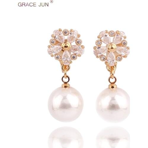GRACE JUN High Quality Faux Pearl AAA Cubic Zircon Flower Clip on Earrings for Women Luxury Fashion Bride Wedding Ear Clip New