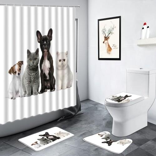 Cute Cat Dog Shower Curtains Funny Animals Pet Pattern Bath Mat Non-slip Flannel Carpet Toilet Cover Bathroom Decor WC Rugs Sets