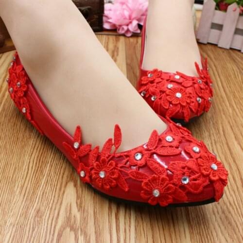 FLAT HEEL red lace crystal party shoes handmade NQ253 luxury ladies girls dinner anniversary proms red dress flats wedding shoe