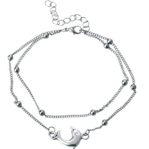 European American New Bohemian Anklet Dolphin Ankle Silver Bead Bracelet Fashion Double Layer Beach Ornament Wholesale