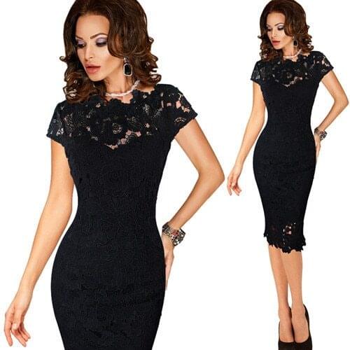 Crochet O-neck Work Office Womens Stylish Elegant Applique embroidery Bodycon Female Sheath Party Dress