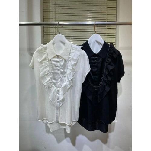 Casual Knit Blouses Womens 2021 Autumn Winter New Single Breasted Ruffles Beading Shirts Female Vintage Streetwear