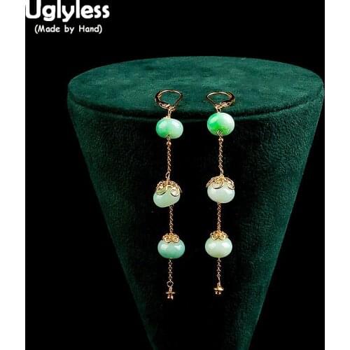 Uglyless Fashion Gemstones Beading Long Earrings for Women Natural Emerald Earrings Real Silver Brincos Fashion Jewelry for Lady