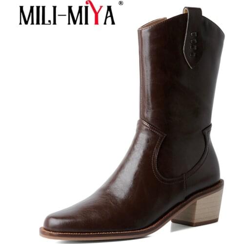 MILI-MIYA Autumn High Quality Leather Western Mid-Calf Boots Hot Sale Slip On Block Mid Heels Zipper Vintage Riding Shoes Black