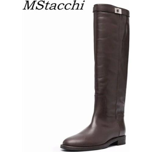 MStacchi Temperament Long Boots Thick Bottom Solid Color Silver Button Round Toe Non-Slip Knee Boots Chaussure Femme Luxe Marque
