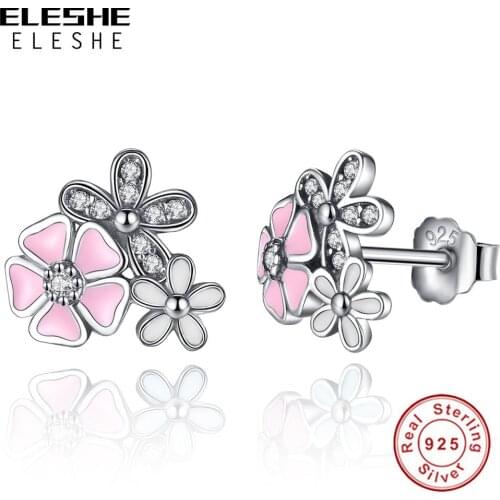 100% 925 Sterling Silver Daisy Cherry Blossom Flower Stud Earrings For Women Wedding Anniversary Jewelry Gift