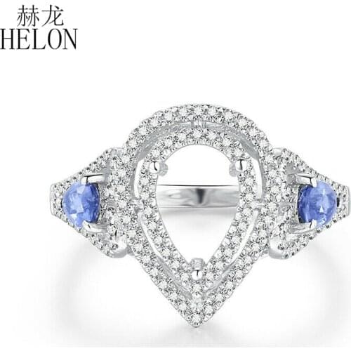HELON Pear 5X7mm Solid 14K White Gold 1.1ct Genuine Natural Diamonds & Sapphires Engagement Weddng Semi Mount Ring Women Jewelry