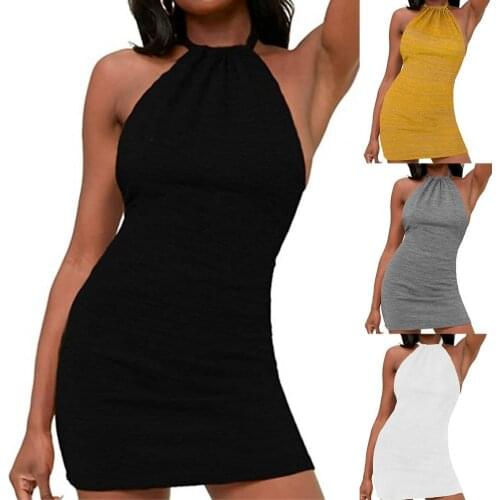 Women Summer Knitted Dress Solid Color Tied Neck Halter Off-Shoulder Backless Slim Bodycon Short Mini Dress for Ladies