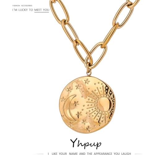 Yhpup Sweater Chain Statement Stainless Steel Choker Necklace Jewelry for Women Fashion Star Moon Chain Metal Pendant Necklace