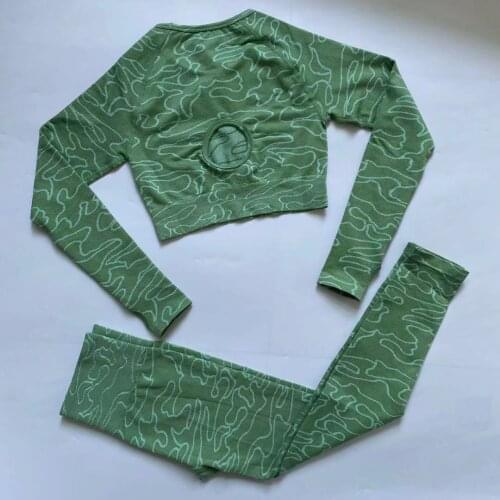 2pcs/set Curved Jacquard Women Long Sleeve Sport Suit Yoga Set Gym Workout Clothes Fitness Crop Top High Waist Seamless Leggings