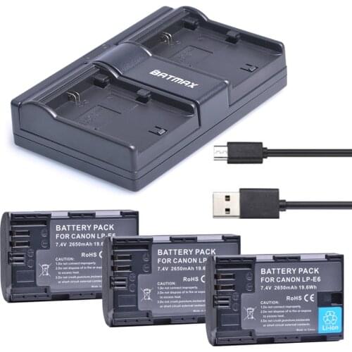 3X 2650mAh LP-E6 Battery Bateria LP E6 lpe6 Batteries + Dual USB Charger for Canon 5D Mark II III 7D 60D EOS 6D 80D 70D XC10 5DS