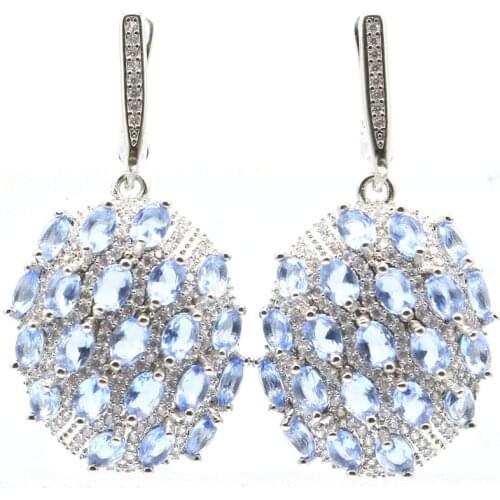 42x20mm Ravishing Long Created Violet Tanzanite White CZ Gift For Womans Silver Earrings