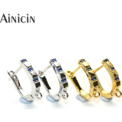50pcs Lever Lock Earring Hooks Blue CZ Stone Setting Gold Silver Plating Women Earrings Making Accessories & Components