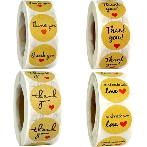 500pcs kraft paper thank you sticker with red heart handmade labels sticker for business envelope sealing stationery sticker