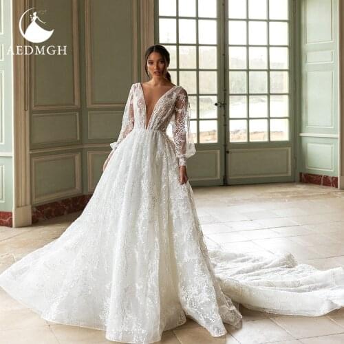 Aedmgh A-Line Princess Wedding Dresses 2021 V- Neck Long Sleeve Court Train Robe De Mariee Glamorous lace Appliques Bridal Gowns