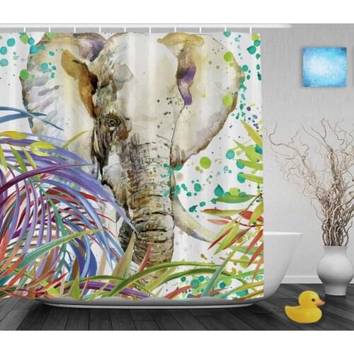 Watercolor Elefhant Walk In Forest Shower Cutains Wild Animal Bathroom Shower Curtains Polyester Waterproof Fabric With Hooks