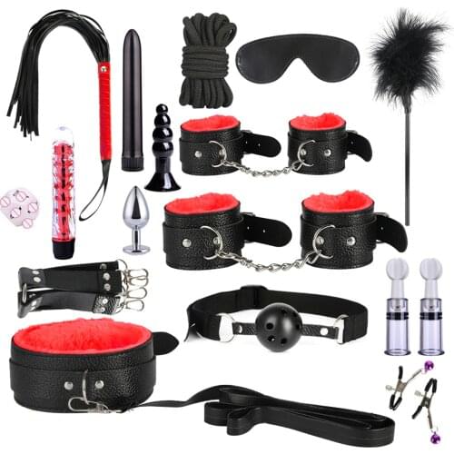 BDSM Kits Plush Sex Bondage Set Sexual Stimulation Toys Set Handcuffs Eye Patch Vibrator Metal Plug for Couples