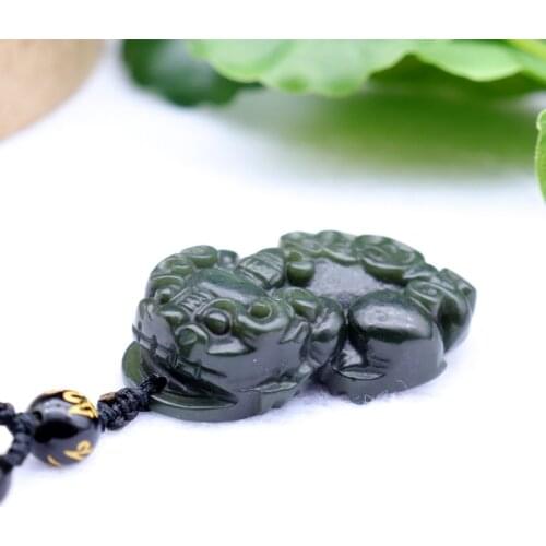 Natural Green Hetian Jade Qingyu Carved Three Money Pixiu Pendant Amulet Pendants Necklace For Men Women Free Rope Beaded Chain