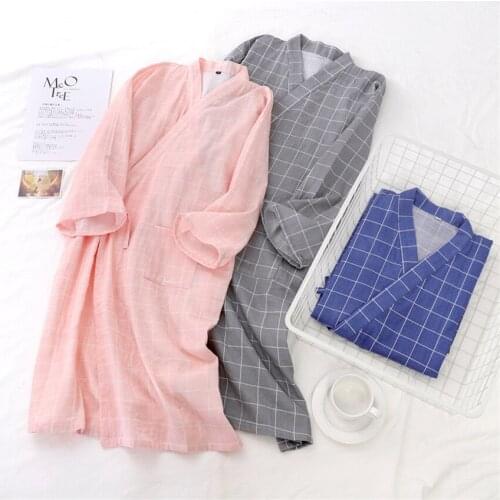 Couple Japanese Style Bathrobe 2021 New Cotton Gauze Women Men Thin Long Sleeve Nightgown Casual Loose Robe Unisex Plaid Pajamas