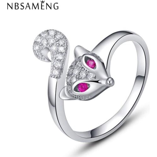 2018 Original S925 Sterling Silver Pink Fox Rings Crystal CZ Animal Resizeable Ring For Women Gift Fine Jewelry Making