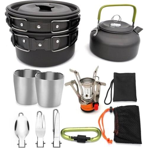 Camping Cookware Picnic Cooking Set Outdoor Tableware Cutlery Utensils With Folding Knife Spoon Fork Kettle Gas Stove Carabiner